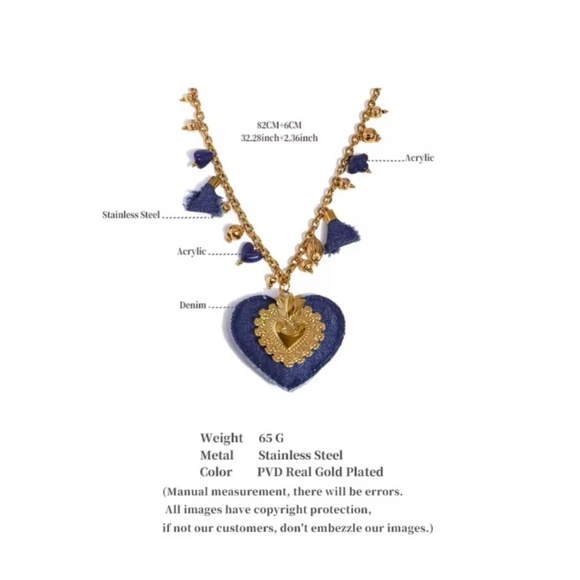 Blue Denim Heart Pendant Necklace – Statement Fashion Jewelry - Picture 6 of 9
